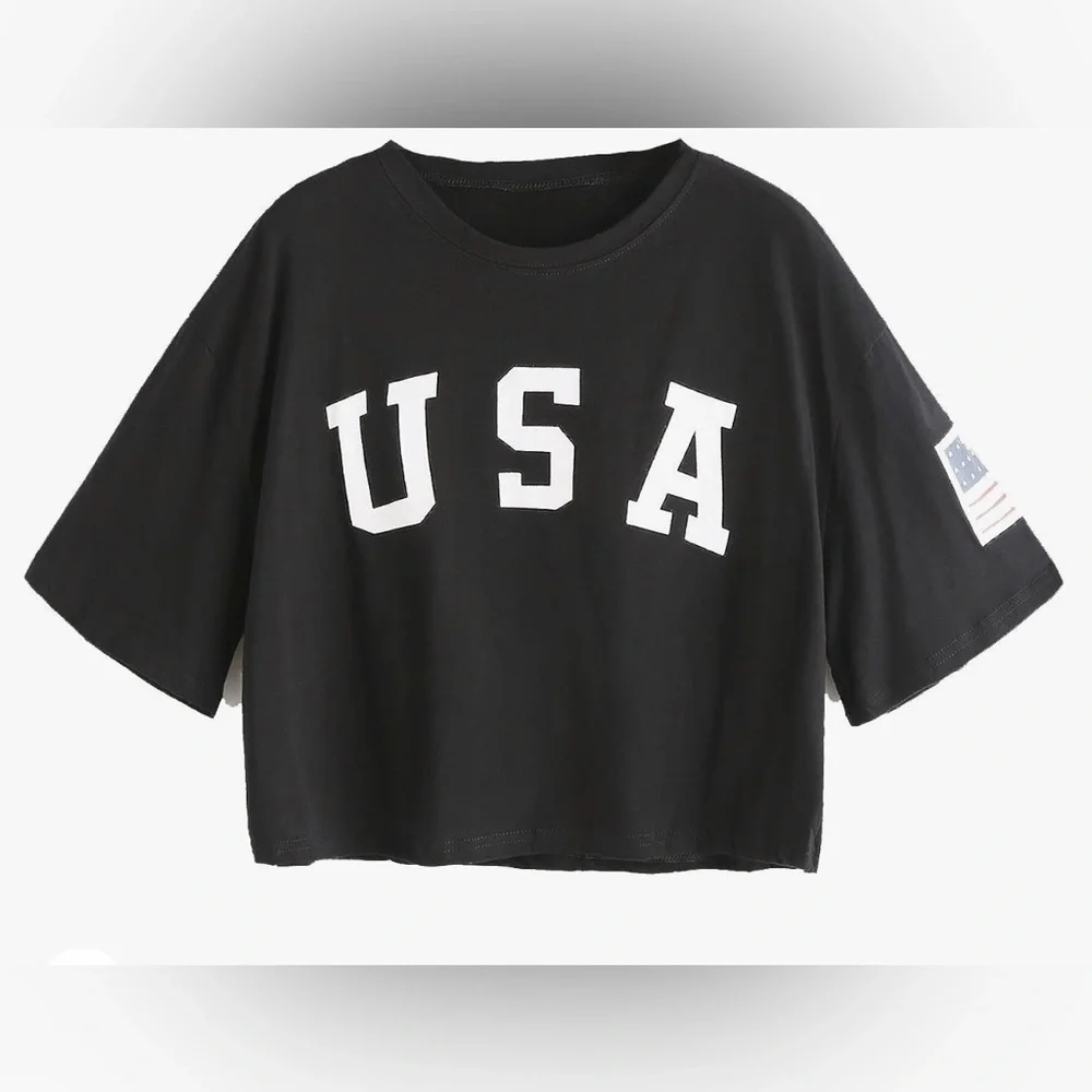SweatyRocks Women's XS Black USA Short Sleeve Cropped T-Shirt - Picture 2 of 7